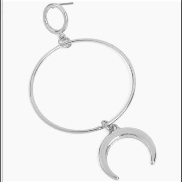 SILVER CRESCENT MOON CHARM HOOP DANGLE EARRINGS - Picture 2 of 2